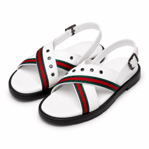 Mens White Strap Sandals with Buckle and Decorative Stripes